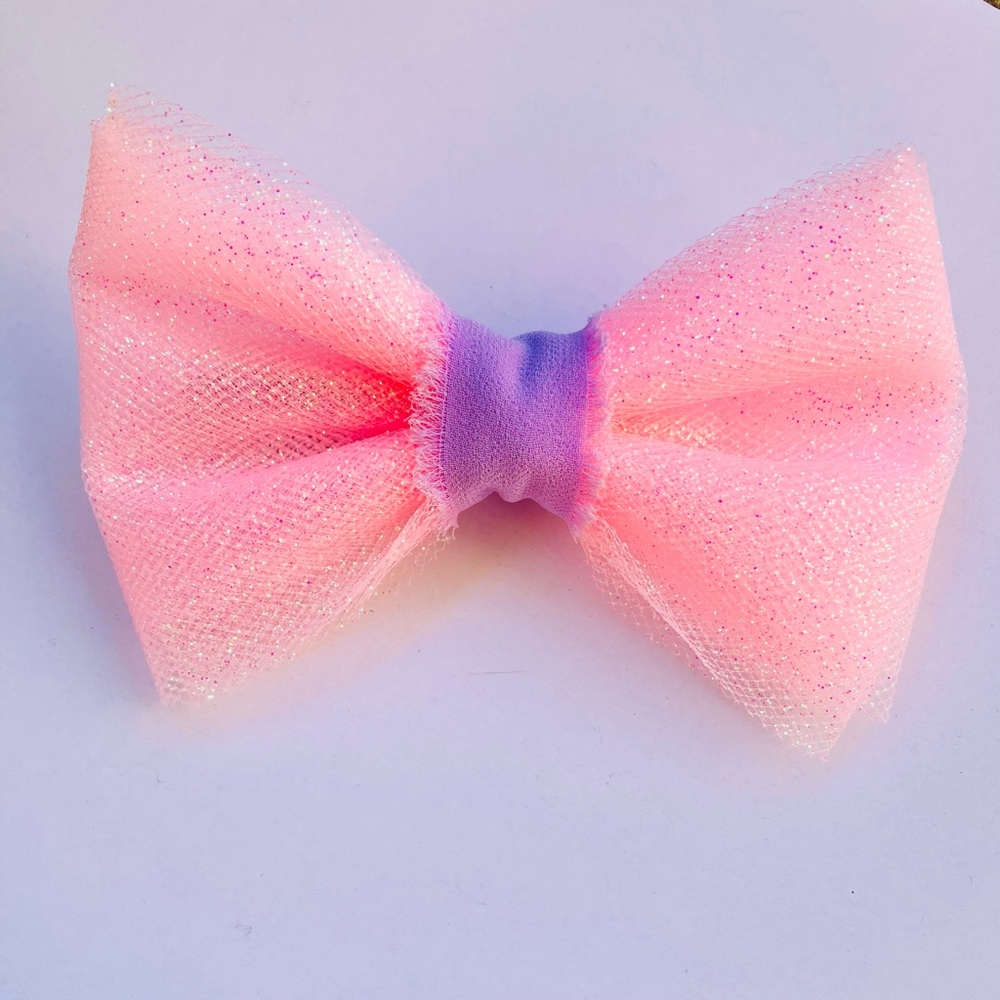 Sparkle Pink Tulle Hair Bow with Purple chiffon ribbon